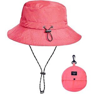 Unisex Brick Red Nylon Mesh Wide Brim Boonie With Chin Strap Packable Bucket Hat
